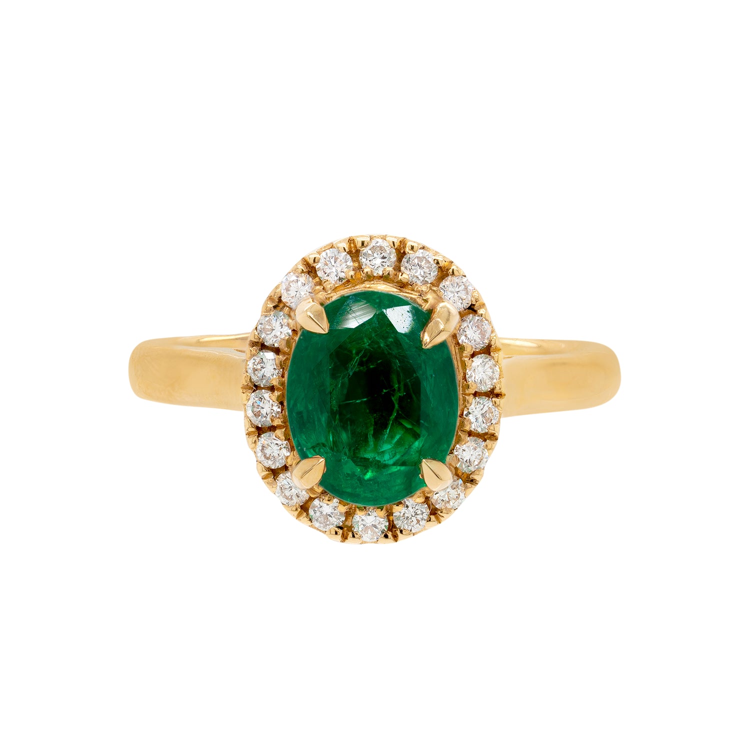 1.85 Carat Emerald and Diamond 18 Carat Yellow Gold Cluster Engagement Ring