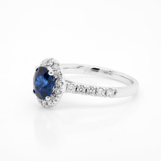 1.20ct Blue Sapphire and Diamond 18 Carat White Gold Halo Engagement Ring