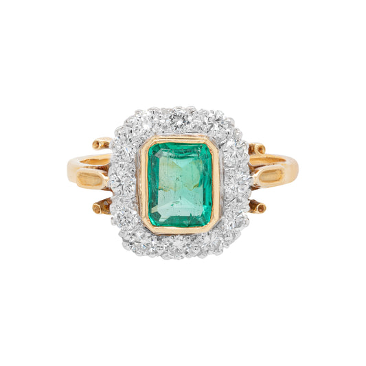 1.16ct Emerald and Diamond 18 Carat White & Yellow Gold Cluster Engagement Ring