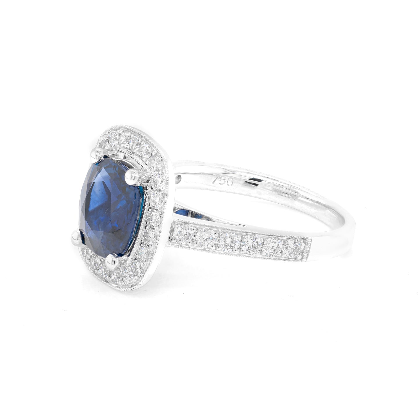 2.52ct Blue Sapphire & Diamond 18 Carat White Gold Halo Cluster Engagement Ring