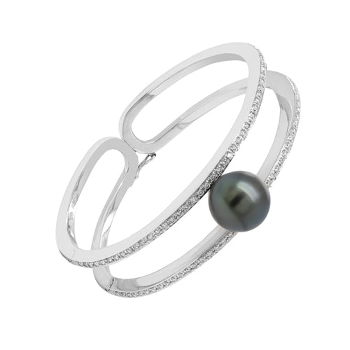 Autore Black South Sea Pearl and Diamond 18 Carat White Gold Two-Row Bangle