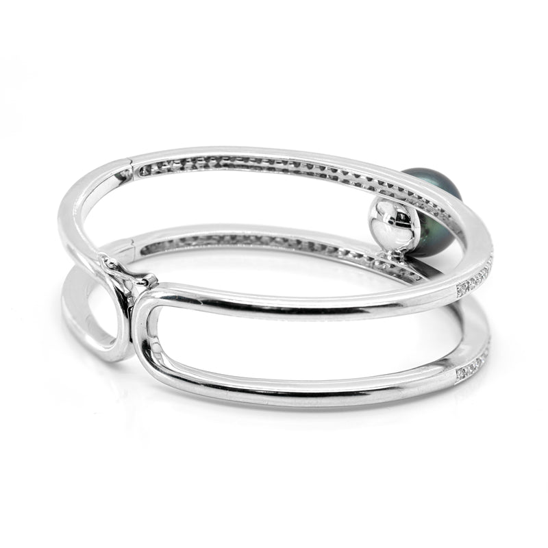 Autore Black South Sea Pearl and Diamond 18 Carat White Gold Two-Row Bangle