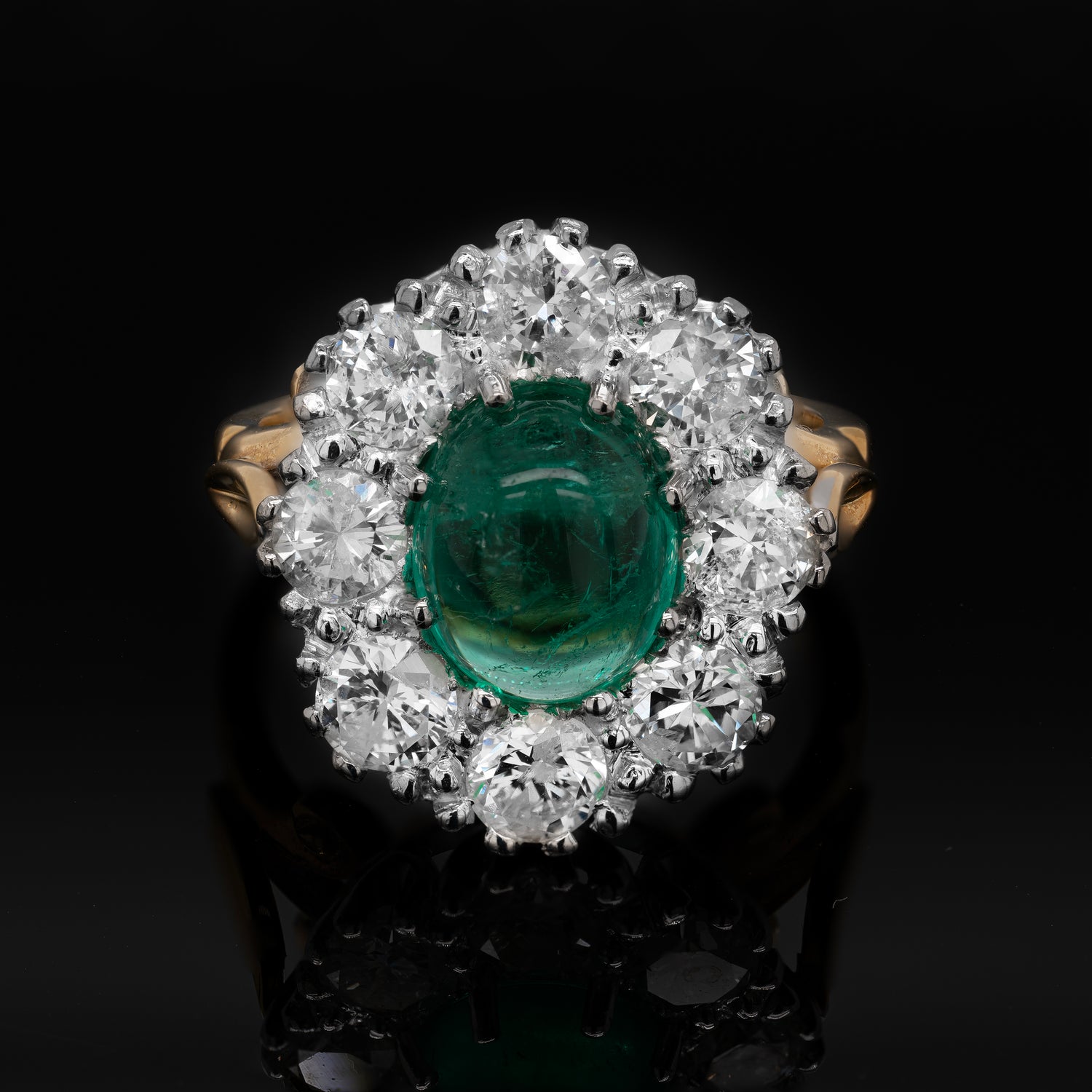 Vintage Cabochon Emerald and Diamond Cluster 18 Carat Gold Engagement Ring, 1974