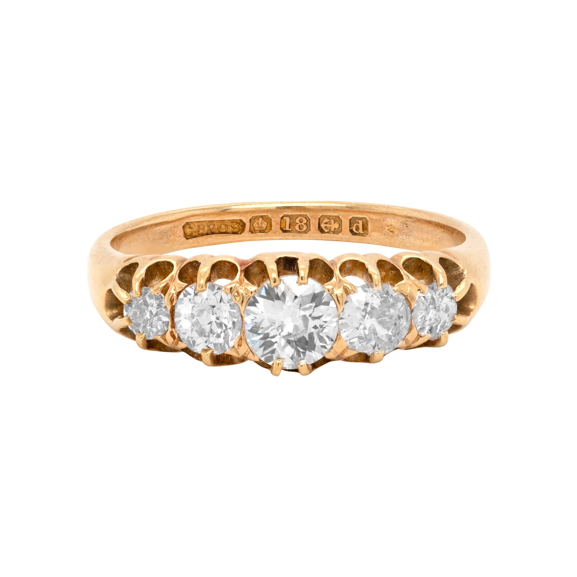 Antique Old Cut Diamond 18 Carat Yellow Gold Five Stone Ring, 1903