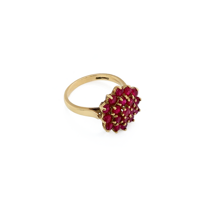 Vintage Round Ruby and 9 Carat Yellow Gold Hexagonal Cluster Cocktail Ring