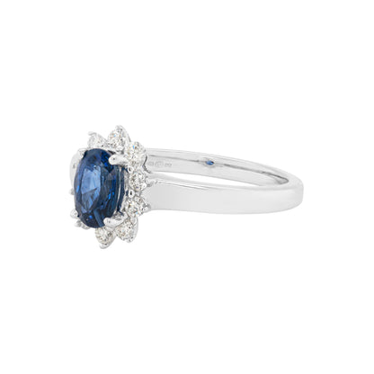 Oval Blue Sapphire and Diamond 18 Carat White Gold Cluster Engagement Ring