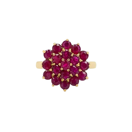 Vintage Round Ruby and 9 Carat Yellow Gold Hexagonal Cluster Cocktail Ring