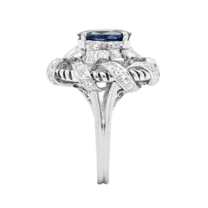 2.02 Carat Natural Blue Sapphire and Diamond Platinum Cluster Cocktail Ring