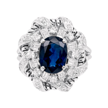 2.02 Carat Natural Blue Sapphire and Diamond Platinum Cluster Cocktail Ring