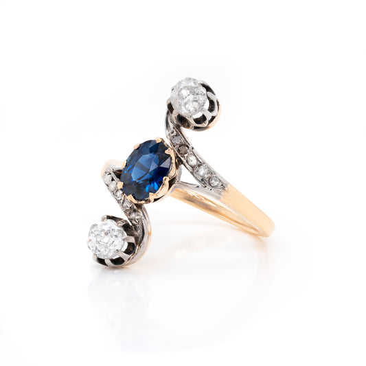 1.04 Carat Oval Sapphire and Old Mine Cut Diamond Three-Stone Ring, Circa 1890