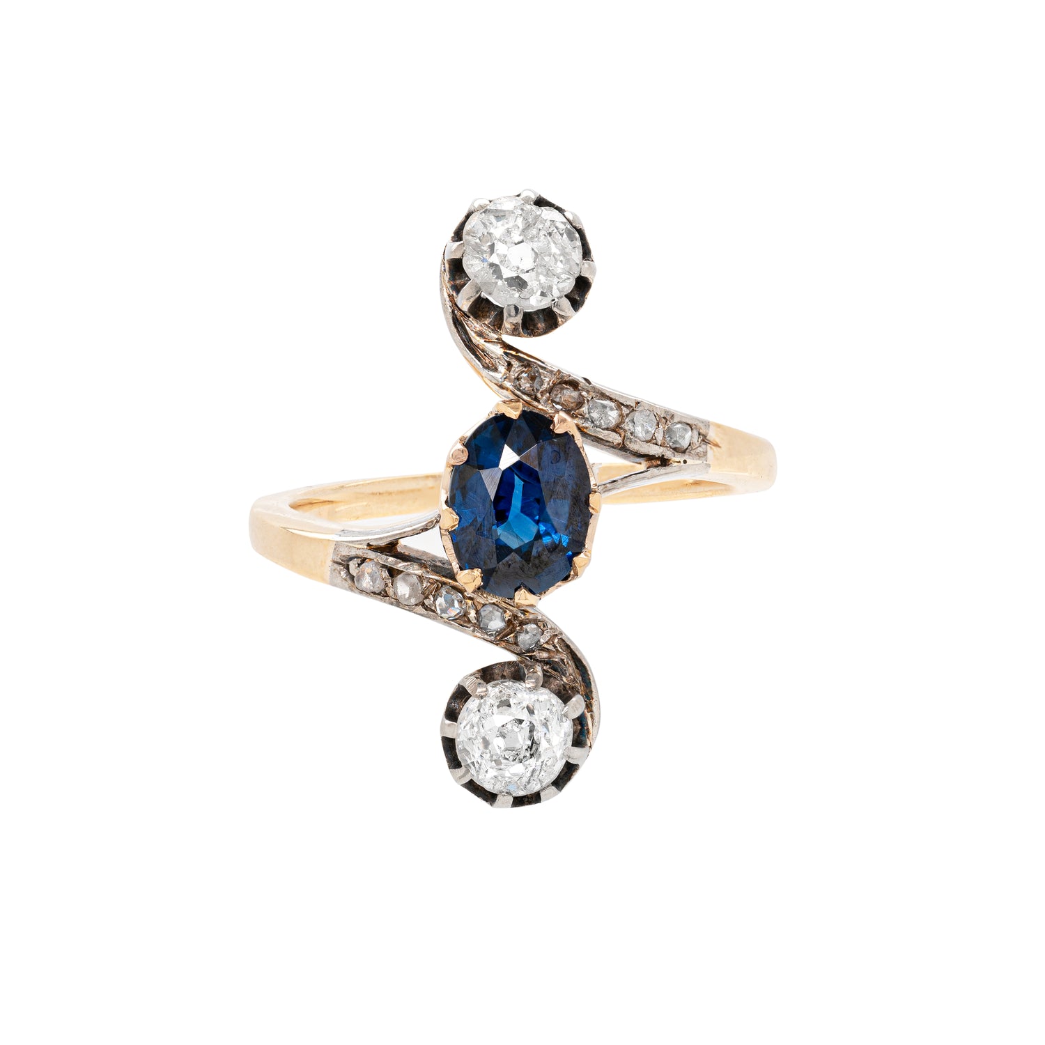1.04 Carat Oval Sapphire and Old Mine Cut Diamond Three-Stone Ring, Circa 1890