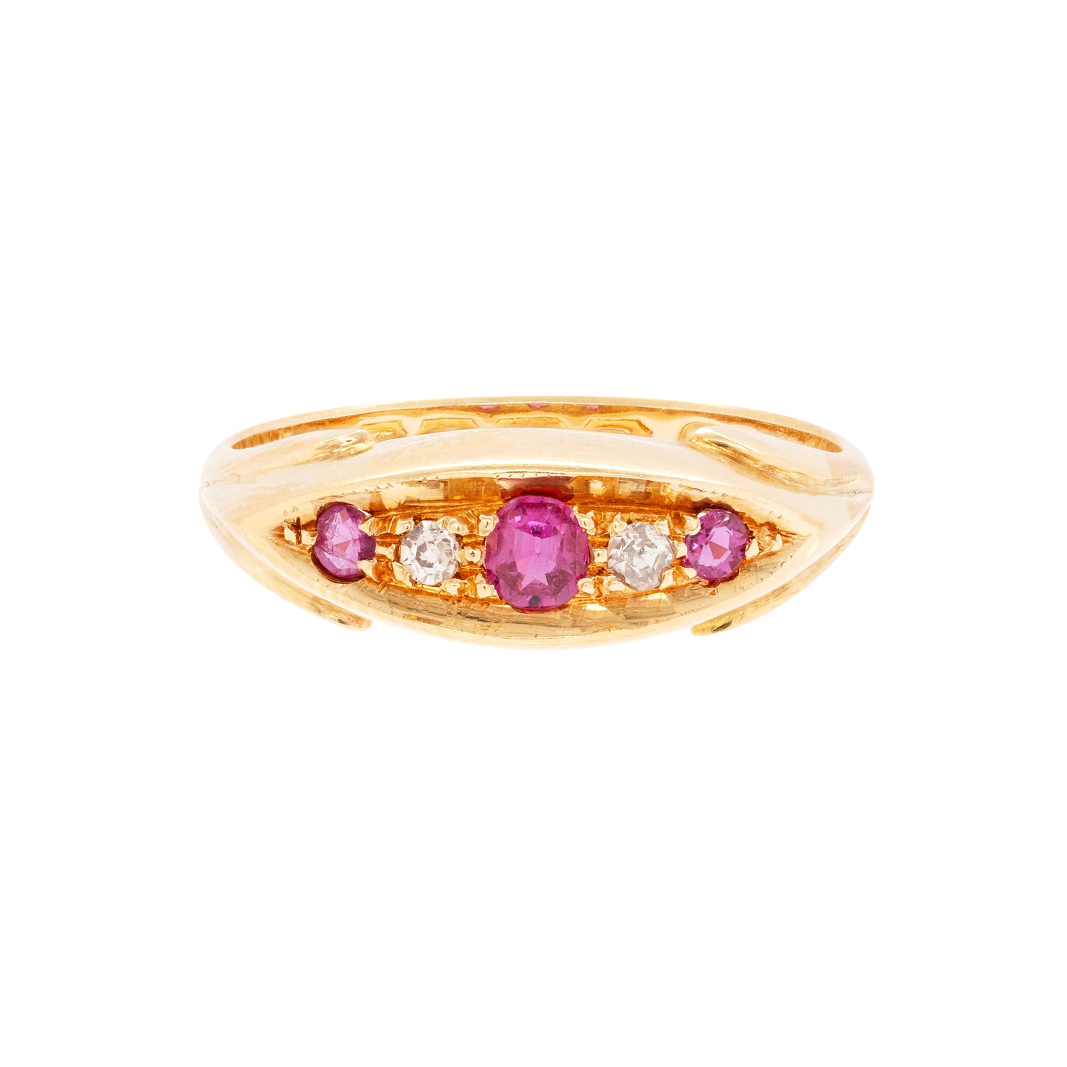 Antique Ruby and Old Cut Diamond 18 Carat Yellow Gold Five-Stone Ring, 1911