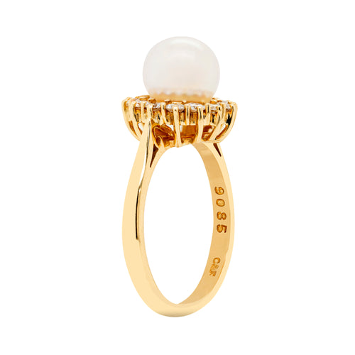 Pearl and Diamond 18 Carat Yellow Gold Cluster Flower Engagement Ring