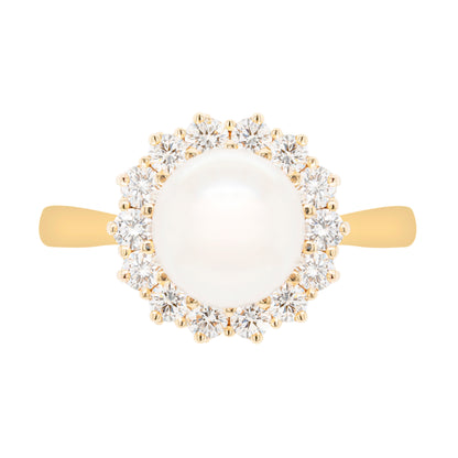 Pearl and Diamond 18 Carat Yellow Gold Cluster Flower Engagement Ring