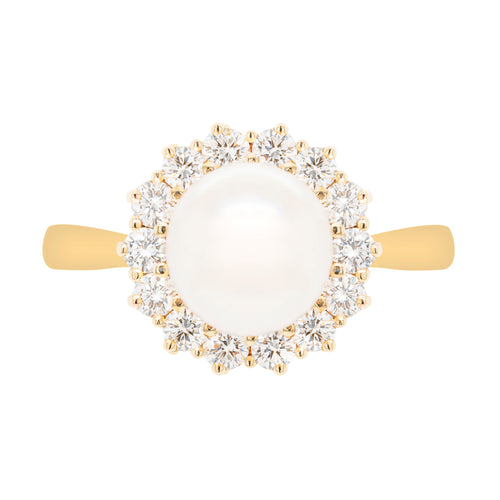 Pearl and Diamond 18 Carat Yellow Gold Cluster Flower Engagement Ring