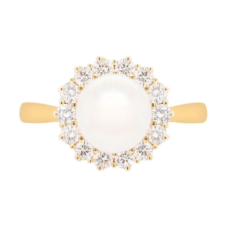 Pearl and Diamond 18 Carat Yellow Gold Cluster Flower Engagement Ring