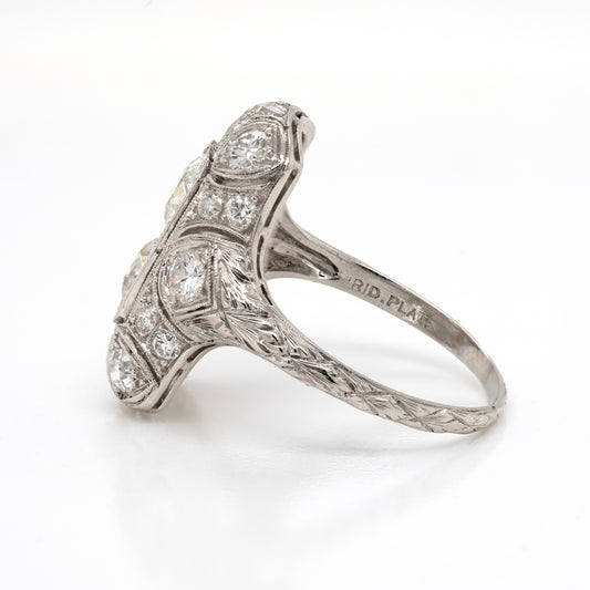 Antique Art Deco Old Mine Cut Diamond Vertical Platinum Dress Ring, c.1920's