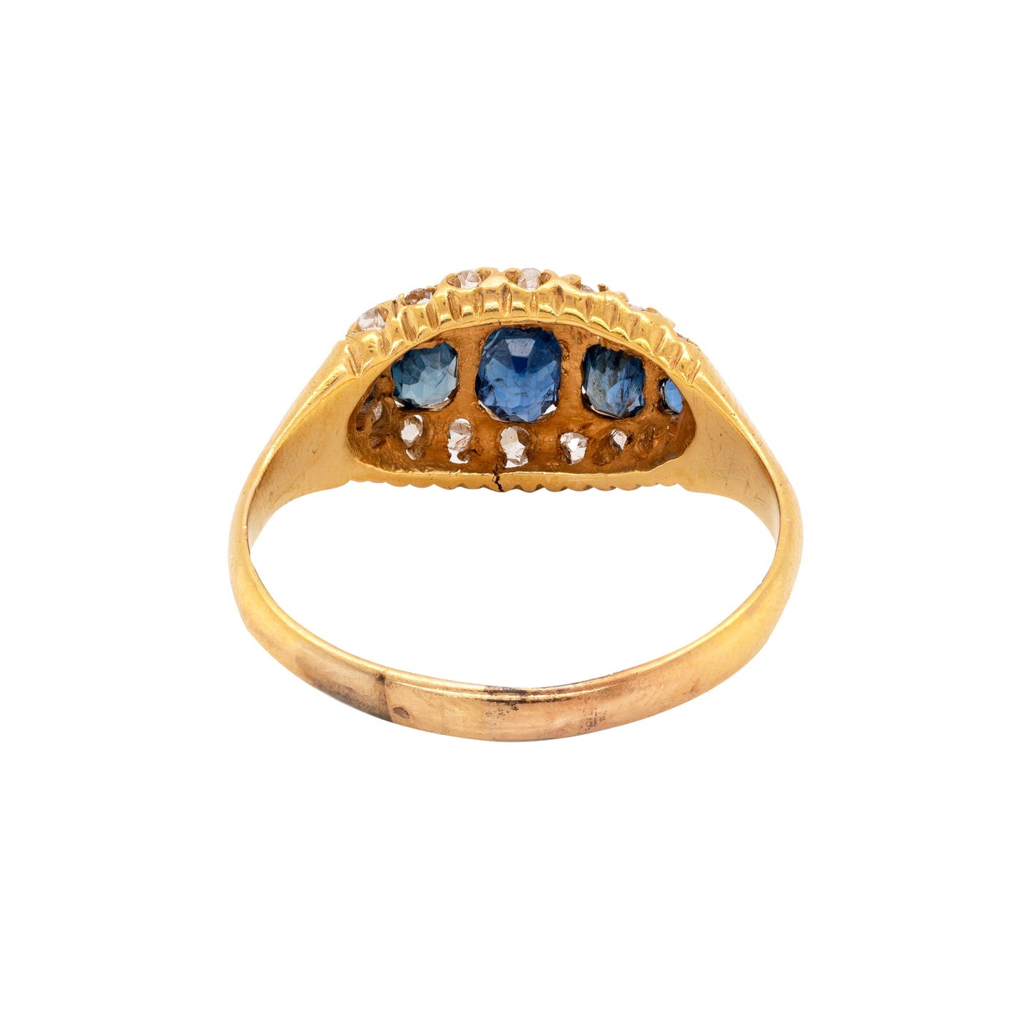 Antique Blue Sapphire and Old Cut Diamond 18 Carat Yellow Gold Ring, Circa 1890s