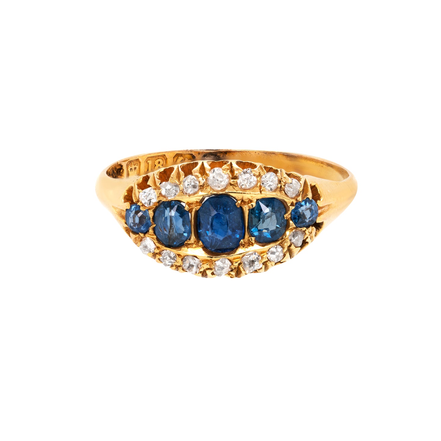 Antique Blue Sapphire and Old Cut Diamond 18 Carat Yellow Gold Ring, Circa 1890s