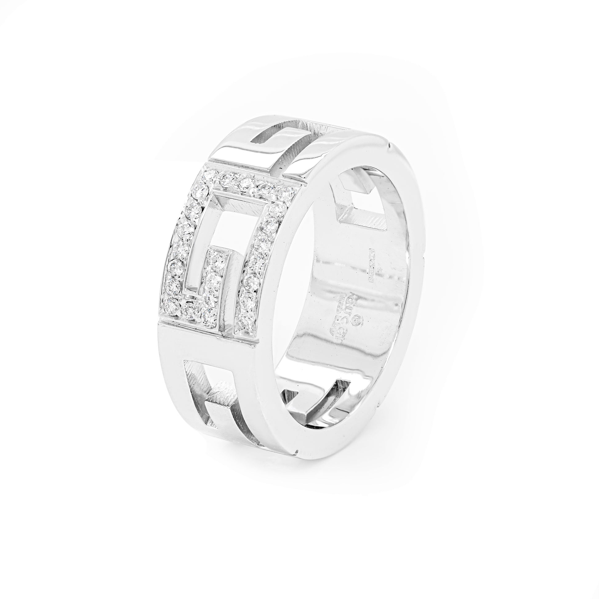 Gucci 18 Carat White Gold Open Work G Logo Diamond Band Ring - Tobi Gem Setting