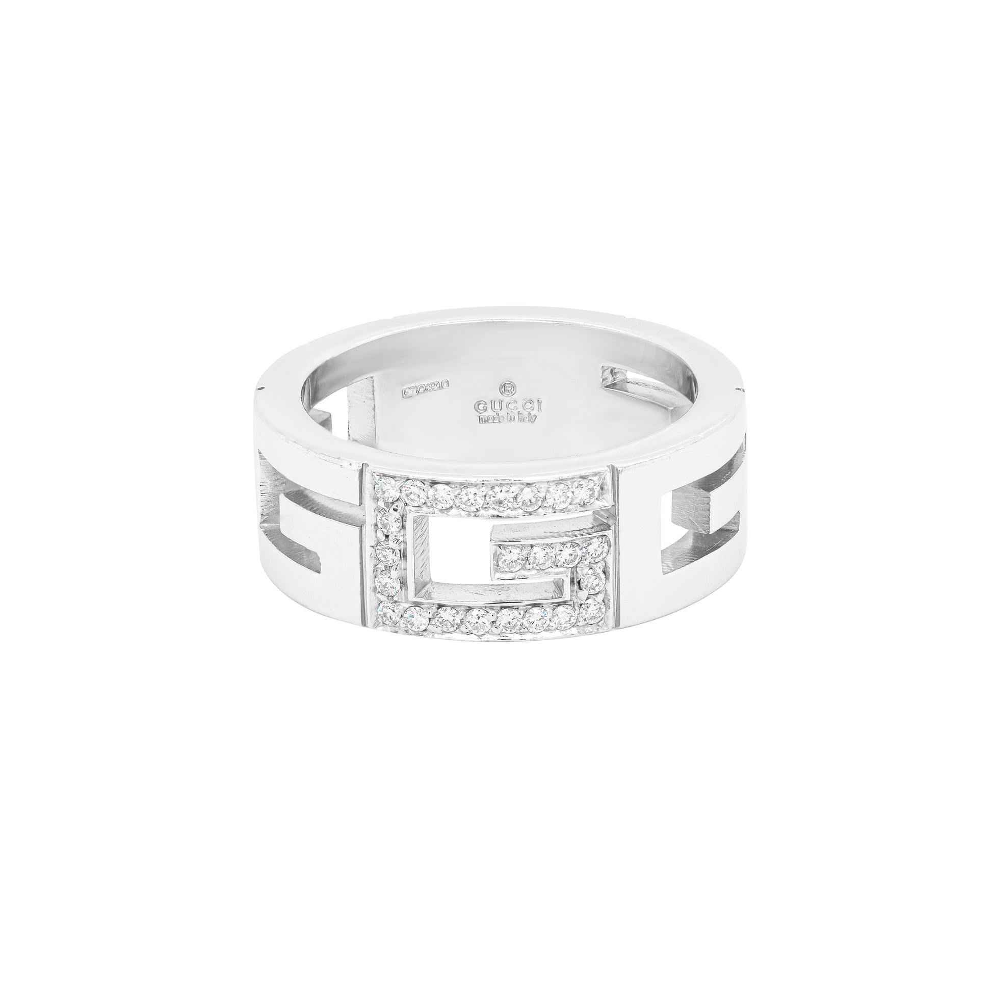 An 18 carat white gold open work G logo diamond band ring with multiple cut-out diamonds around the band.