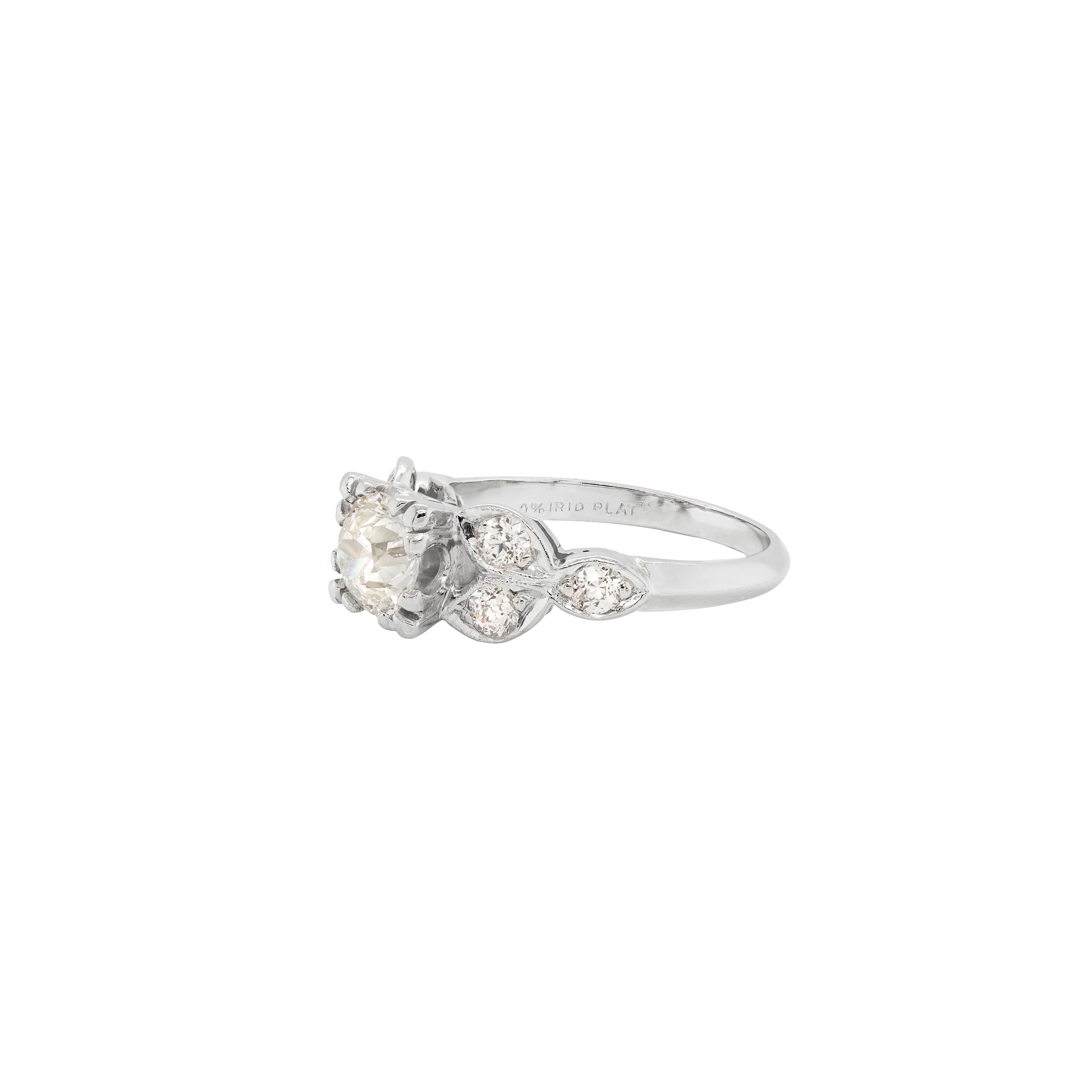 side view Vintage 0.99ct Old Cut Diamond and Platinum Engagement Ring, Circa 1950s