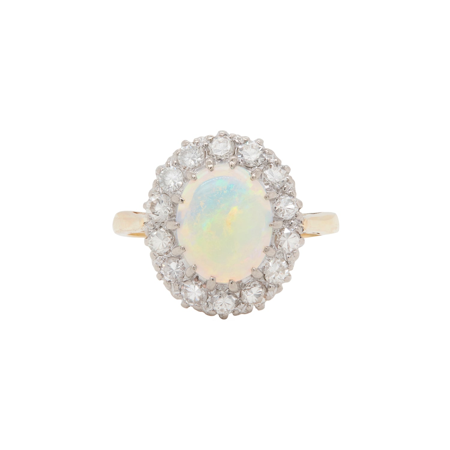 Vintage 18 Carat Yellow Gold Oval Opal and Diamond Cluster Ring