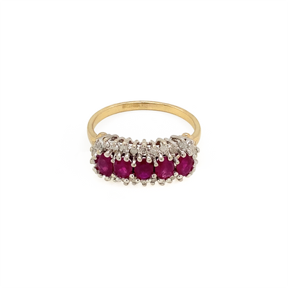 Vintage Ruby and Diamond Horizontal Cluster Dress Ring in 9 Carat Gold