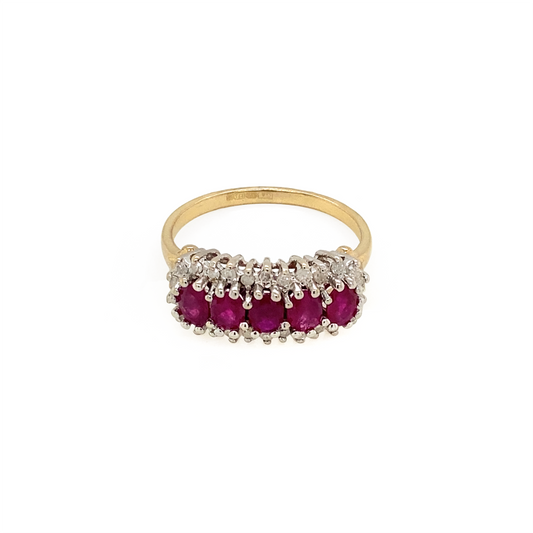 Vintage Ruby and Diamond Horizontal Cluster Dress Ring in 9 Carat Gold