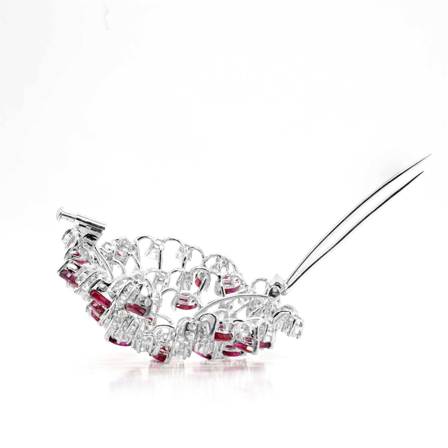 Marquise Ruby and Diamond 18 Carat White Gold Abstract Open Work Brooch