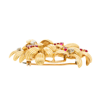 Vintage Ben Rosenfeld Ruby and Diamond 18 Carat Gold Foliate Brooch