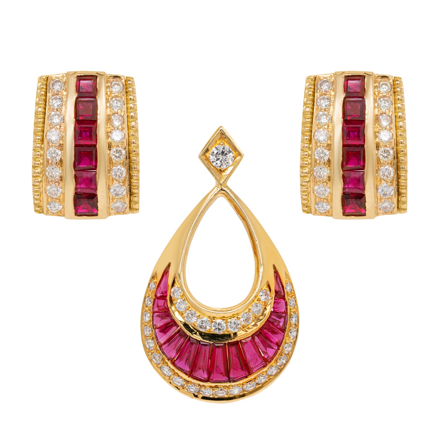 Ruby and Diamond 18 Carat Yellow Gold Earrings and Pendant Set