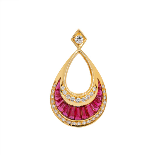 Ruby and Diamond 18 Carat Yellow Gold Earrings and Pendant Set