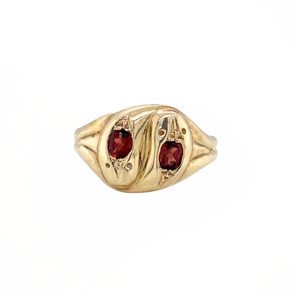 Vintage Garnet and 9 Carat Yellow Gold Double Headed Snake Cocktail Ring, 1959