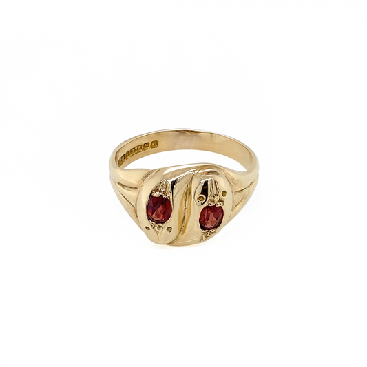 Vintage Garnet and 9 Carat Yellow Gold Double Headed Snake Cocktail Ring, 1959