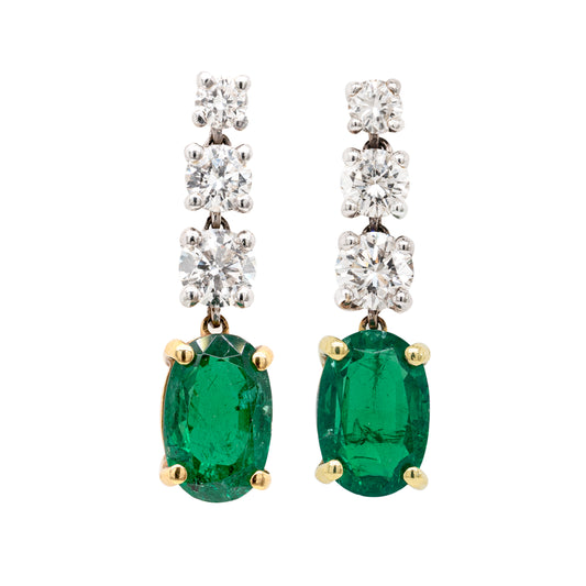Emerald and Diamond 18 Carat White & Yellow Gold Dangle Earrings