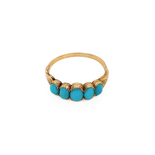 Antique Oval Turquoise & 15 Carat Gold Five-Stone Hand Engraved Ring, c.1860s