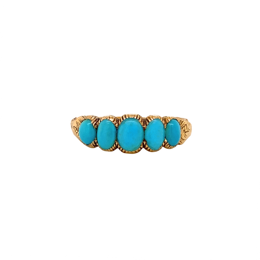 Antique Oval Turquoise & 15 Carat Gold Five-Stone Hand Engraved Ring, c.1860s