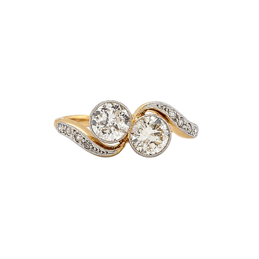Old Cut Diamond Toi et Moi Crossover Engagement Ring in 18K Gold and Platinum