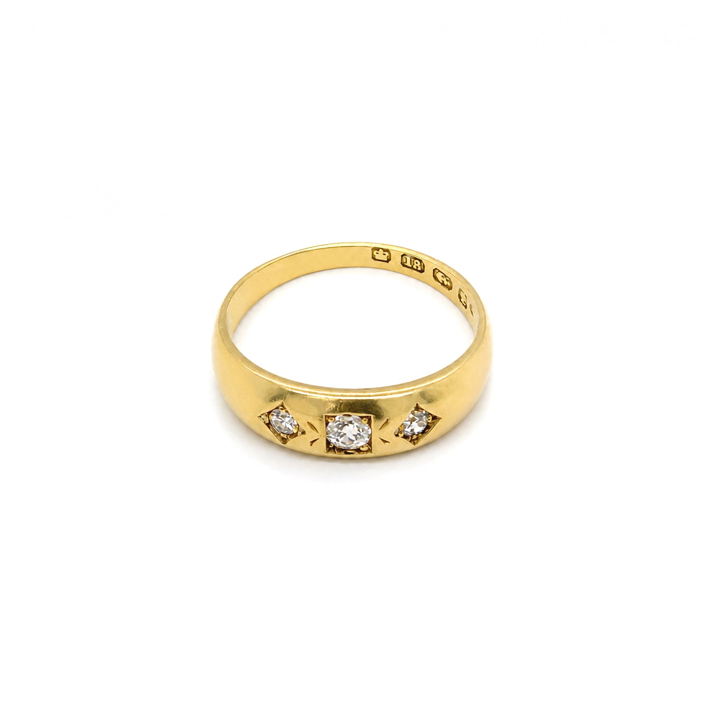 Late Victorian Old Cut Diamond 18 Carat Yellow Gold Three-Stone Band Ring, 1885